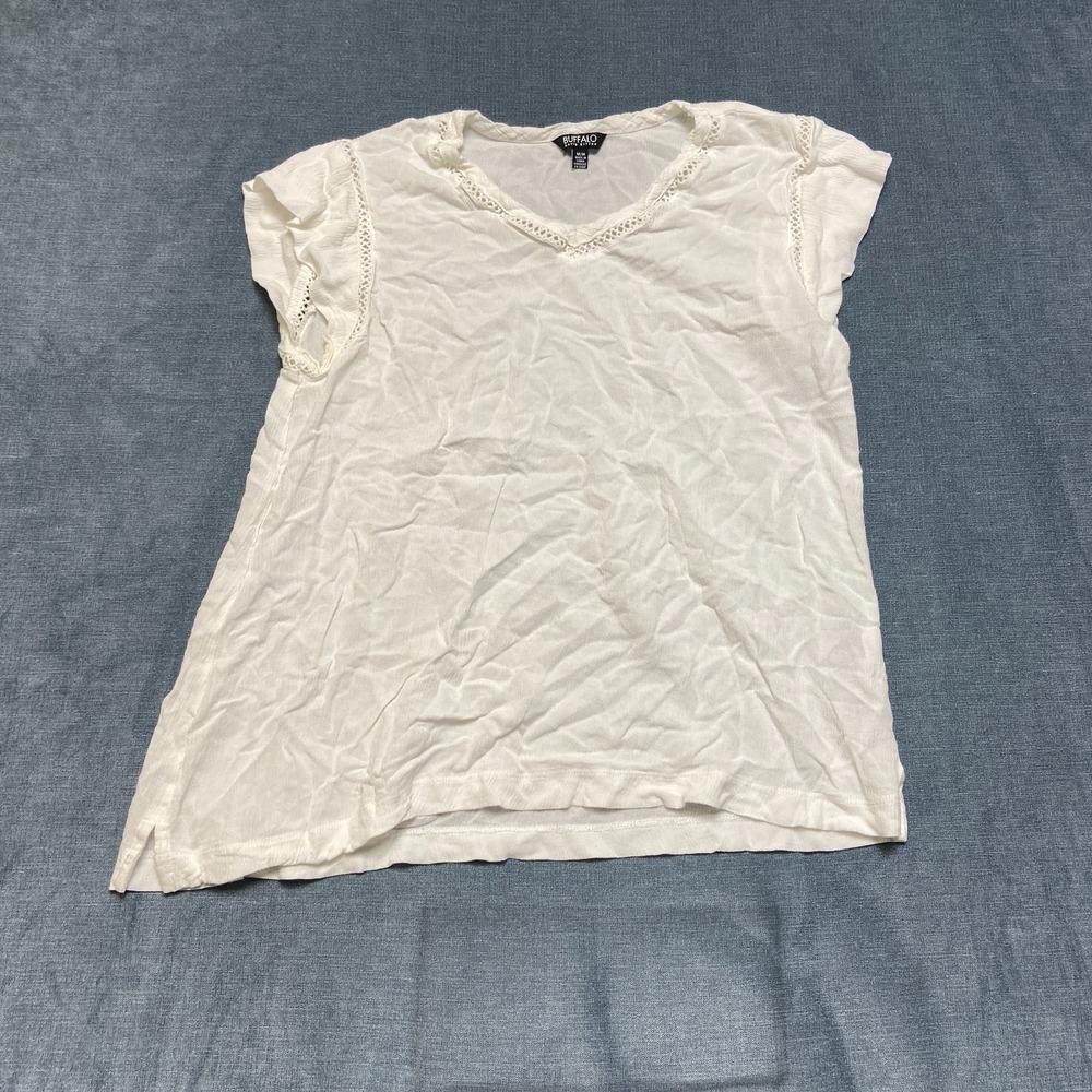 Buffalo David Bitton Blouse Top Women Medium White Lace Trim Cap Sleeve V Neck